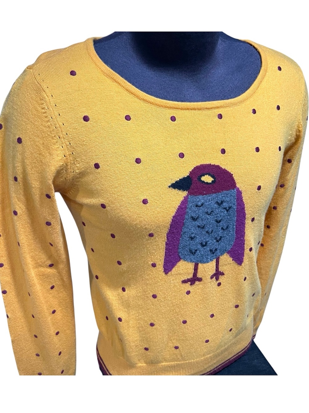 Women’s Yumi knit sweater polka dot pullover bird size medium - Picture 3 of 9